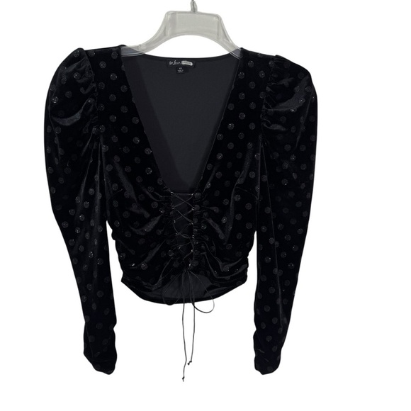 For Love & Lemons Elisa Velvet Glitter Dot Lace Up Cropped Top Black Size XS - Picture 5 of 13